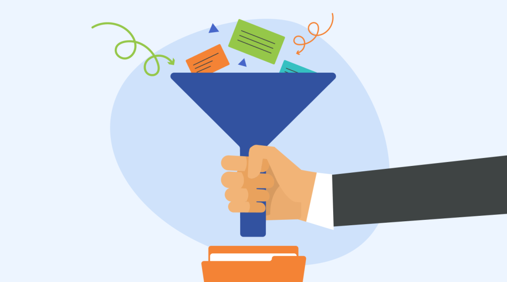 Person in a suit holding a red funnel that has data flowing through it into a file