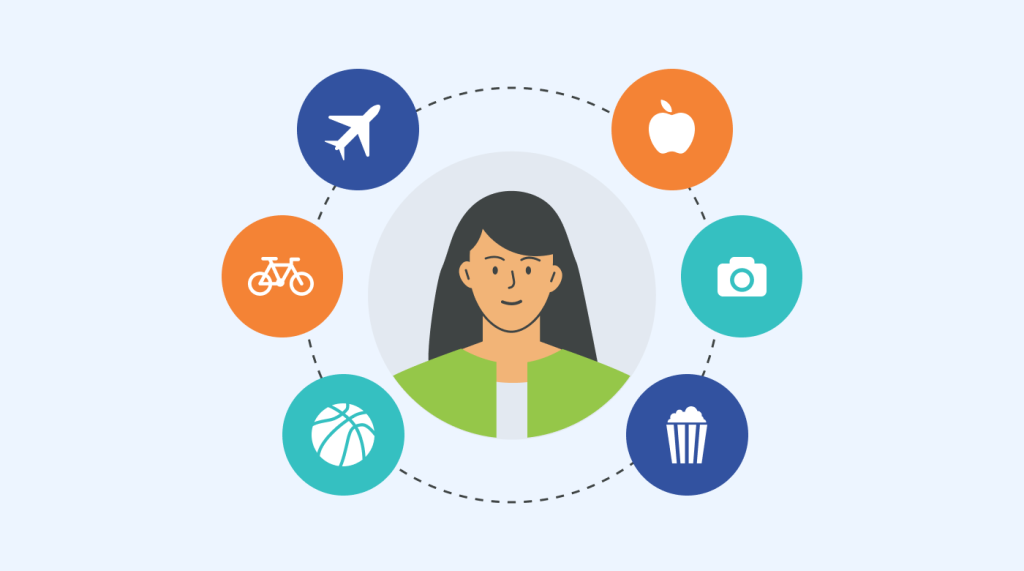 Happy woman surrounded by icons of things and activities she enjoys