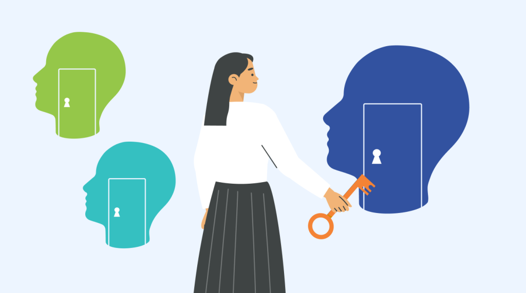 A woman surrounded by doors shaped like heads of different