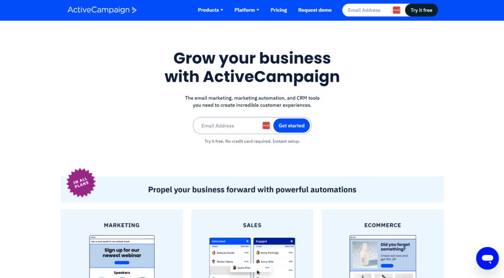 Screenshot of the ActiveCampaign homepage