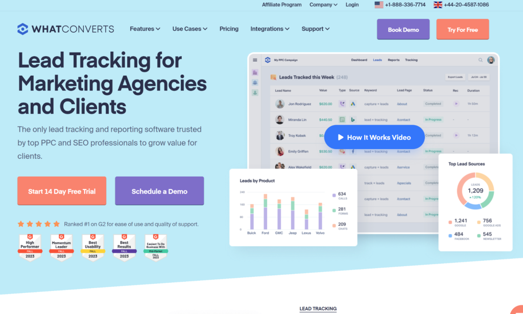 Screenshot of the WhatConverts homepage