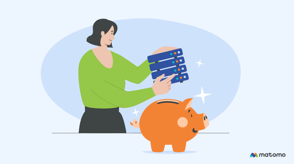 A manager storing servers into a piggy bank to illustrate saving digital resources