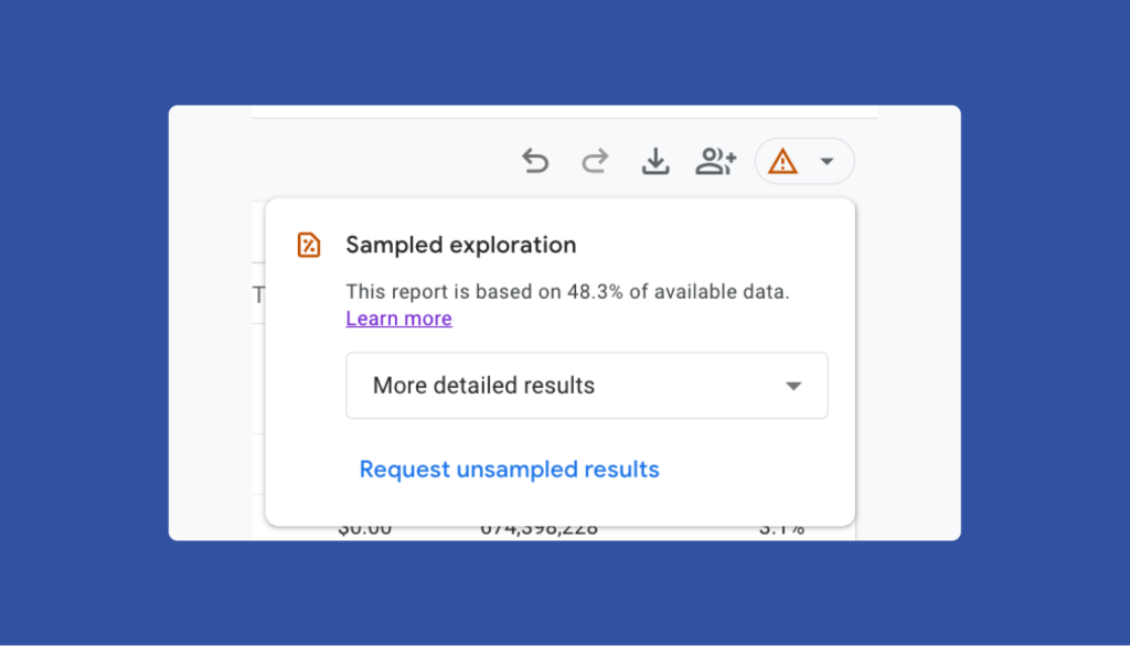 GA data quality icon showing results are based on 48.3% of available data