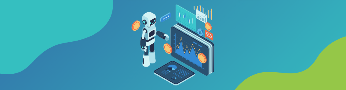 A robot looking at some web analytics graphs symbolises how AI is reshaping web analytics.